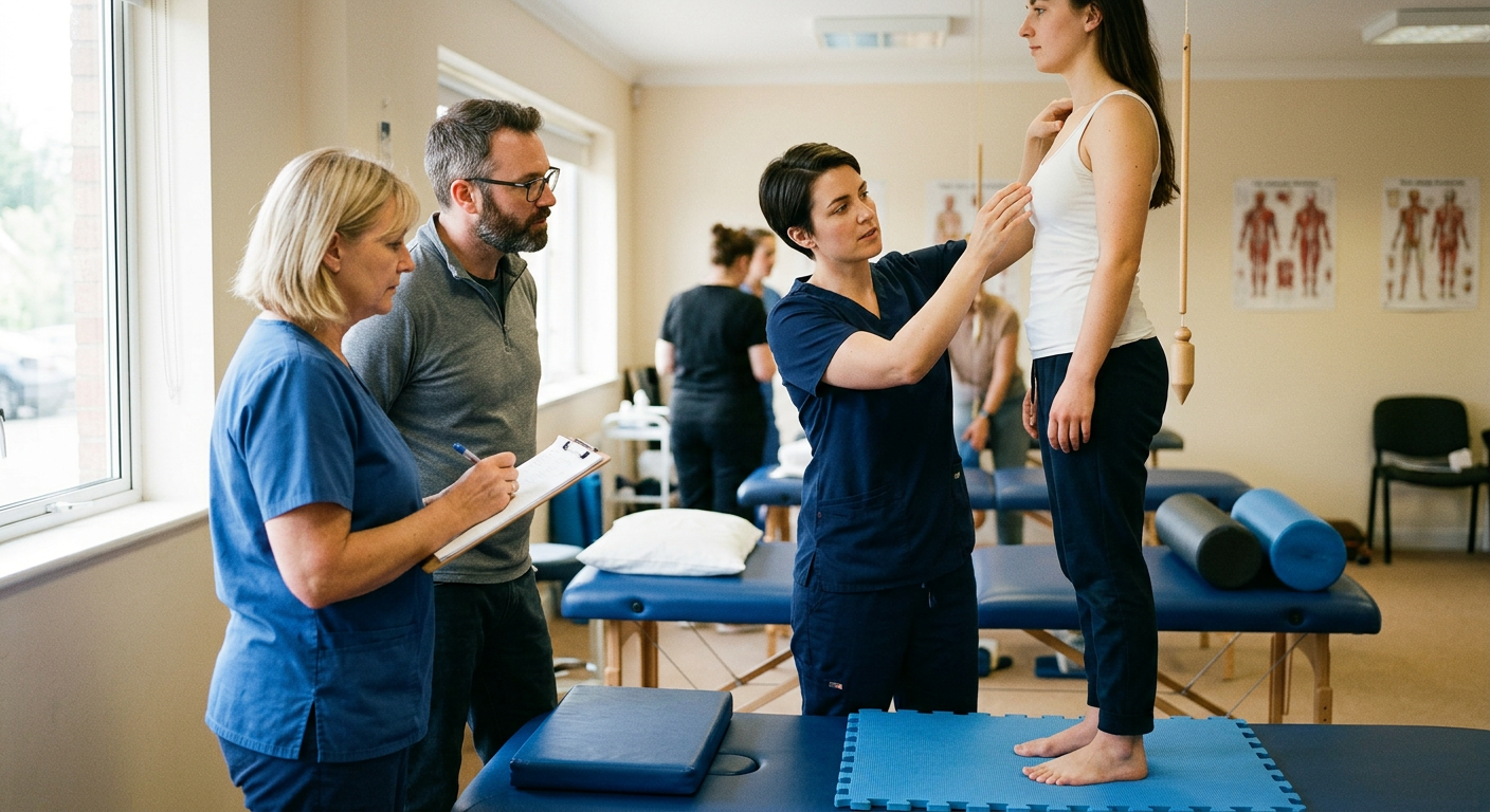 Session de formation en posturologie en présentiel, pratiquants autour d’un bilan postural